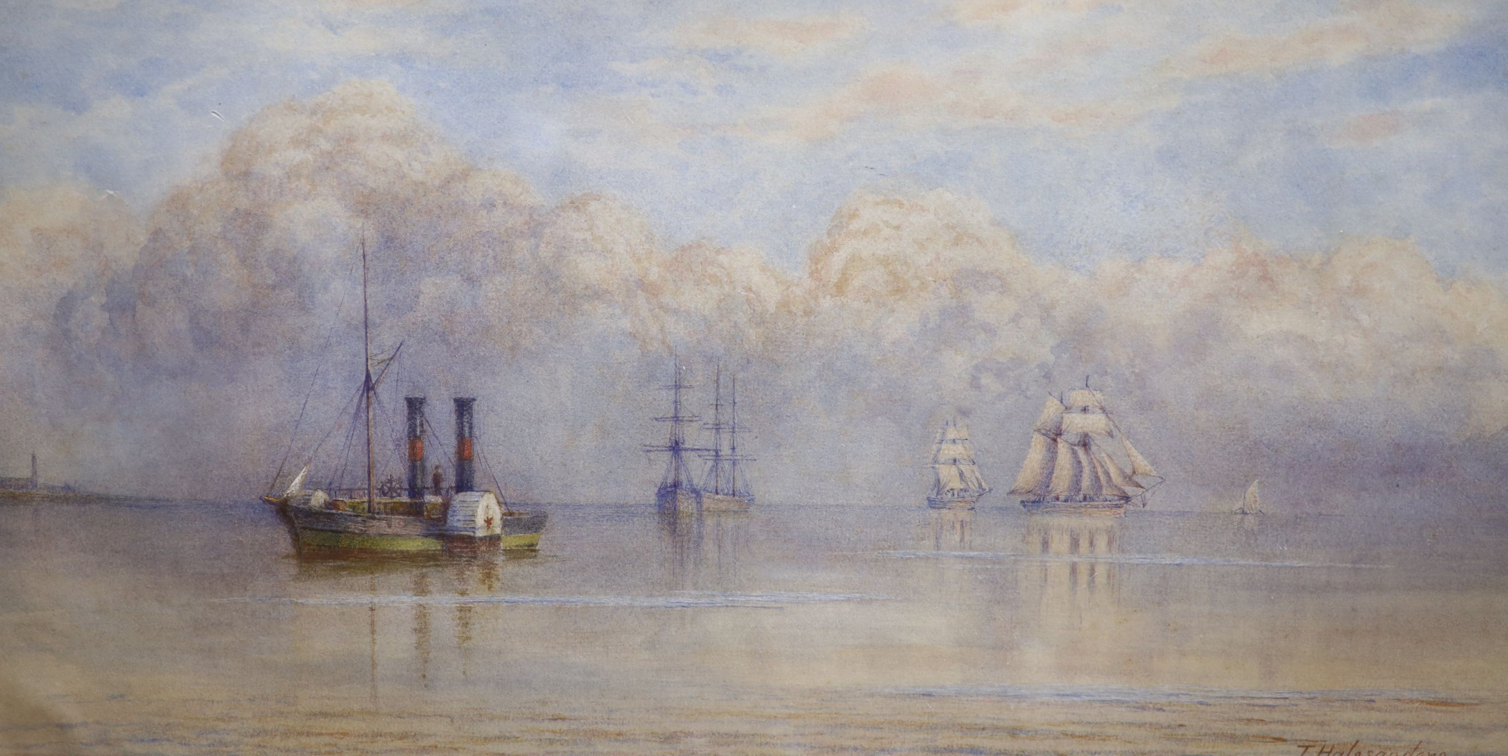 Thomas Hale Sanders (fl.1880-1906), watercolour, Paddlesteamers along the coast, signed and dated 1881, 27 x 50cm